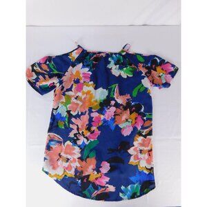 Spense Blouse Womens Small Blue Multicolor Floral Cold Shoulder Scoop Neck